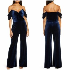 Tadashi Shoji Neesha Velvet Off the Shoulder Jumpsuit Medium Navy Blue Evening